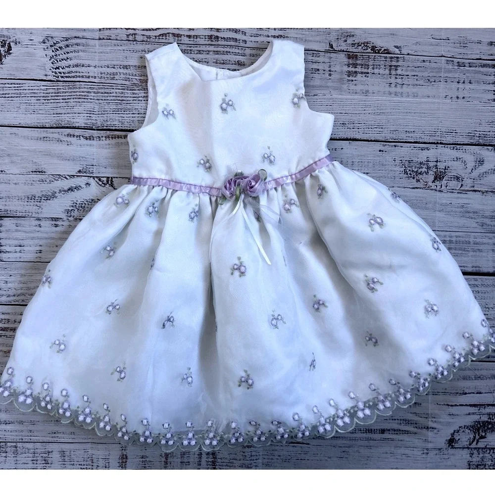Youngland‎ Baby Girl White Purple Floral Embroidered Dress 18M Special Occasion